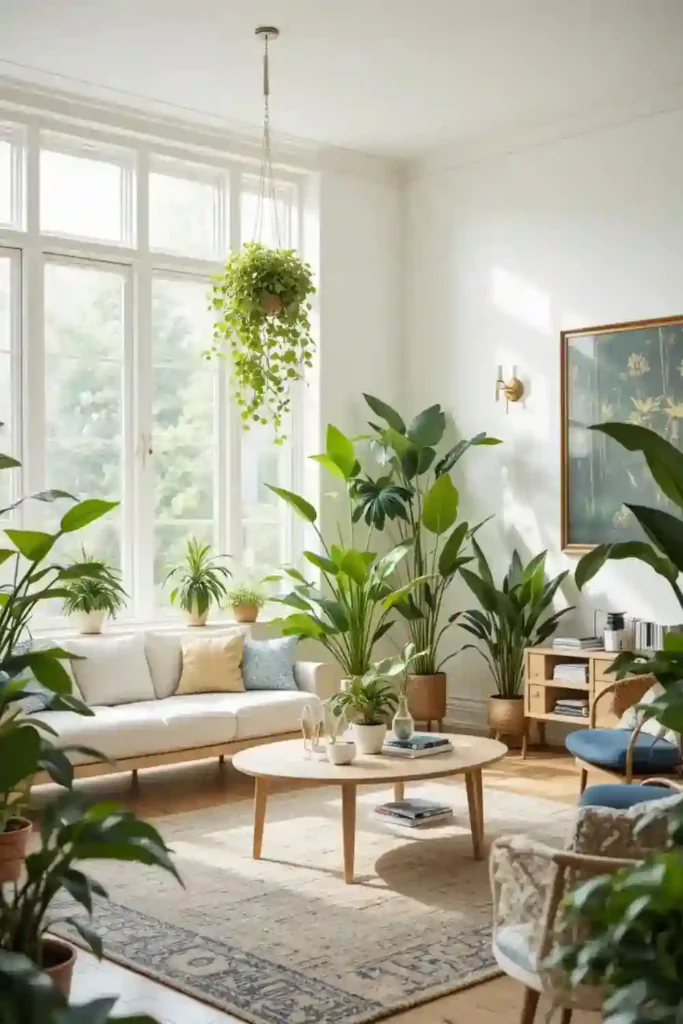 Living room with plants and sunlight.