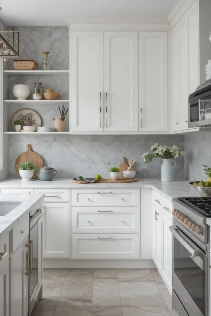 Matte gray backsplash with white kitchen cabinets
