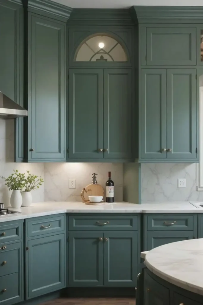 Matte green kitchen cabinets