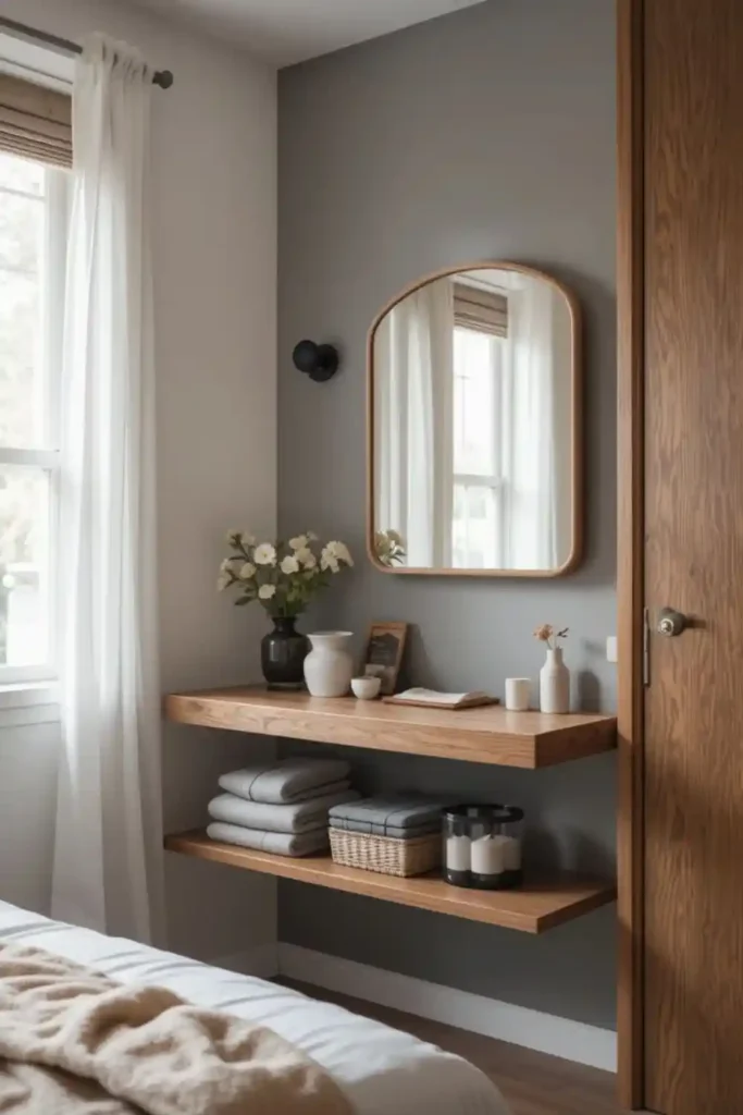 Minimalist floating shelf vanity saving space in a compact bedroom