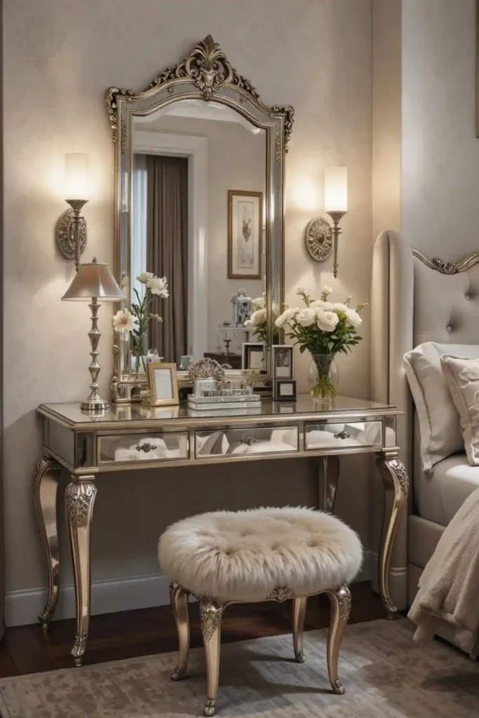 Mirrored vanity table with metallic details in a stylish bedroom