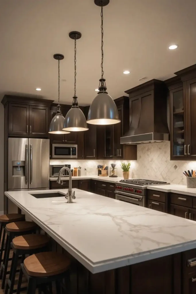 Modern kitchen featuring pendant lighting over island for functional and stylish illumination