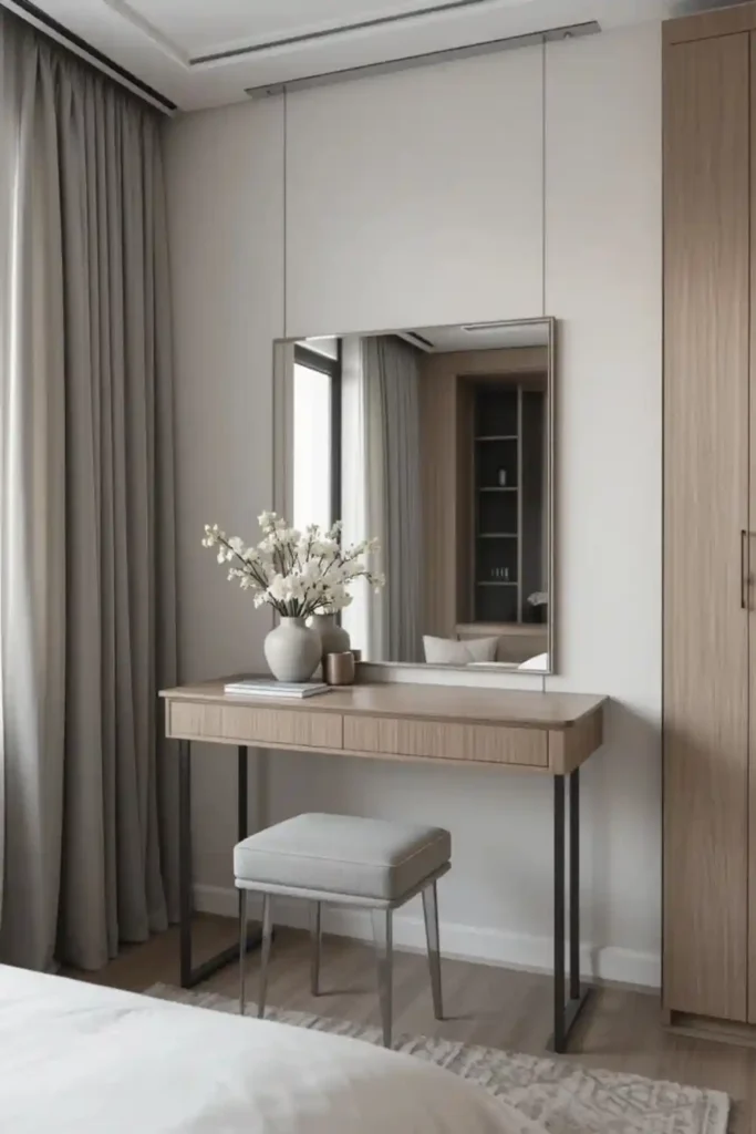 Modern minimalist vanity with clean lines and neutral tones