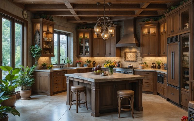 Modern rustic kitchen with stone counters and warm lighting.