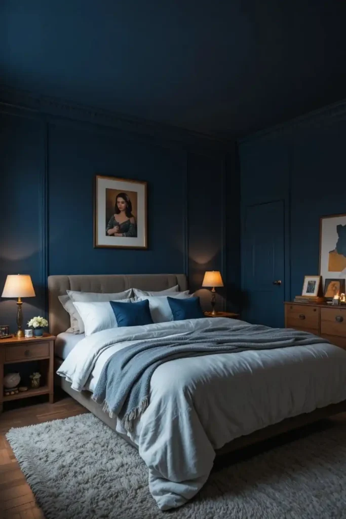 Moody blue bedroom with warm and cozy design