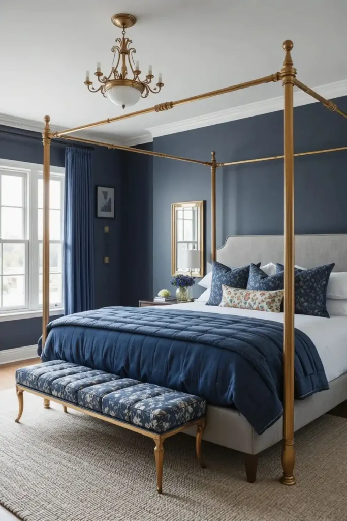 Moody blue master bedroom with luxurious accents
