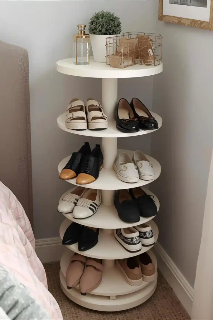 Multi-tier rotating shoe carousel storing shoes in a small space