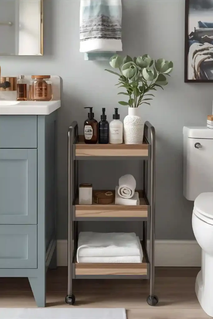 Narrow rolling bathroom cart holding towels and daily essentials.