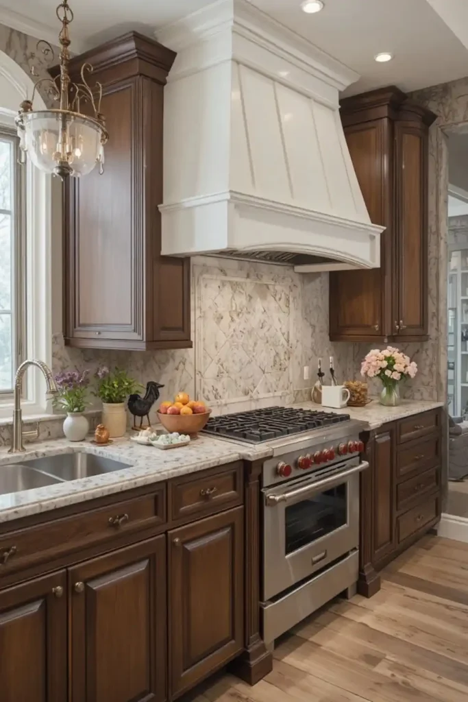 Natural stone backsplash with brown cabinets, elegant kitchen design.