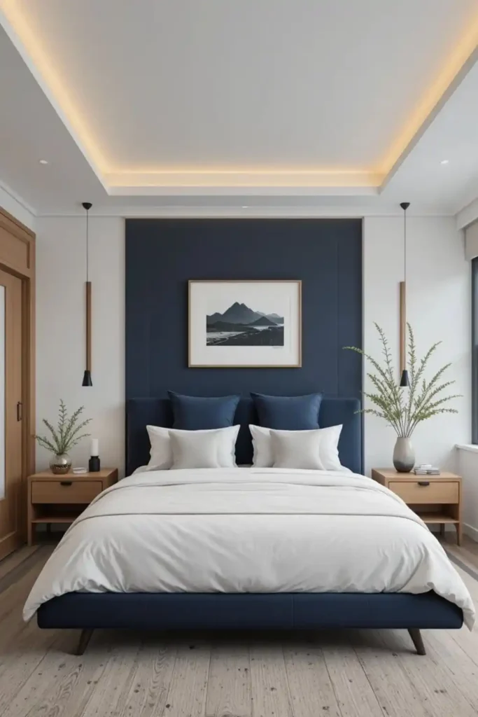 Navy blue accent wall bedroom with light bedding