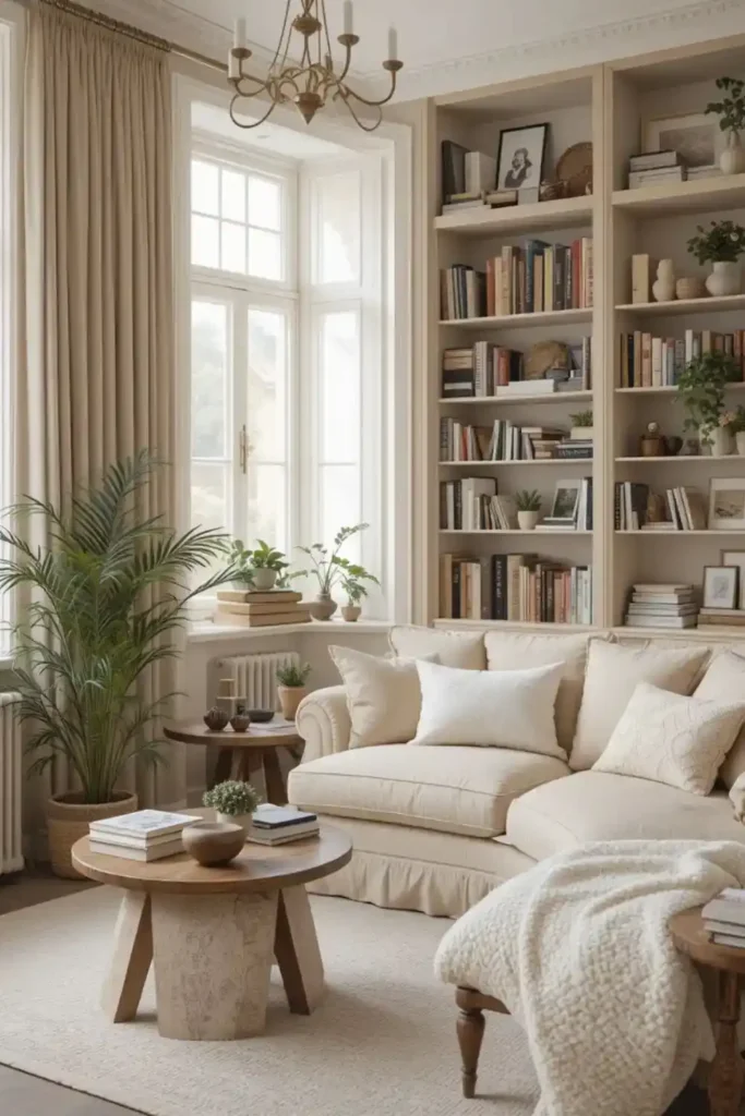 Neutral-toned reading room with calm, cozy colors