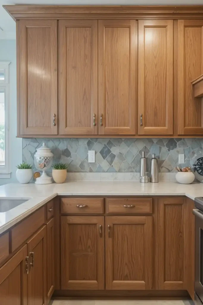Oak cabinets with tumbled stone and green tile backsplash