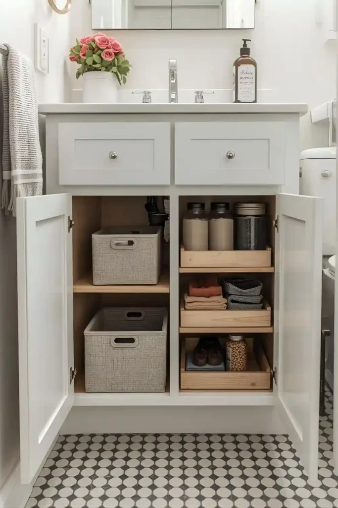 Organized under-sink bathroom storage with labeled bins and drawers.
