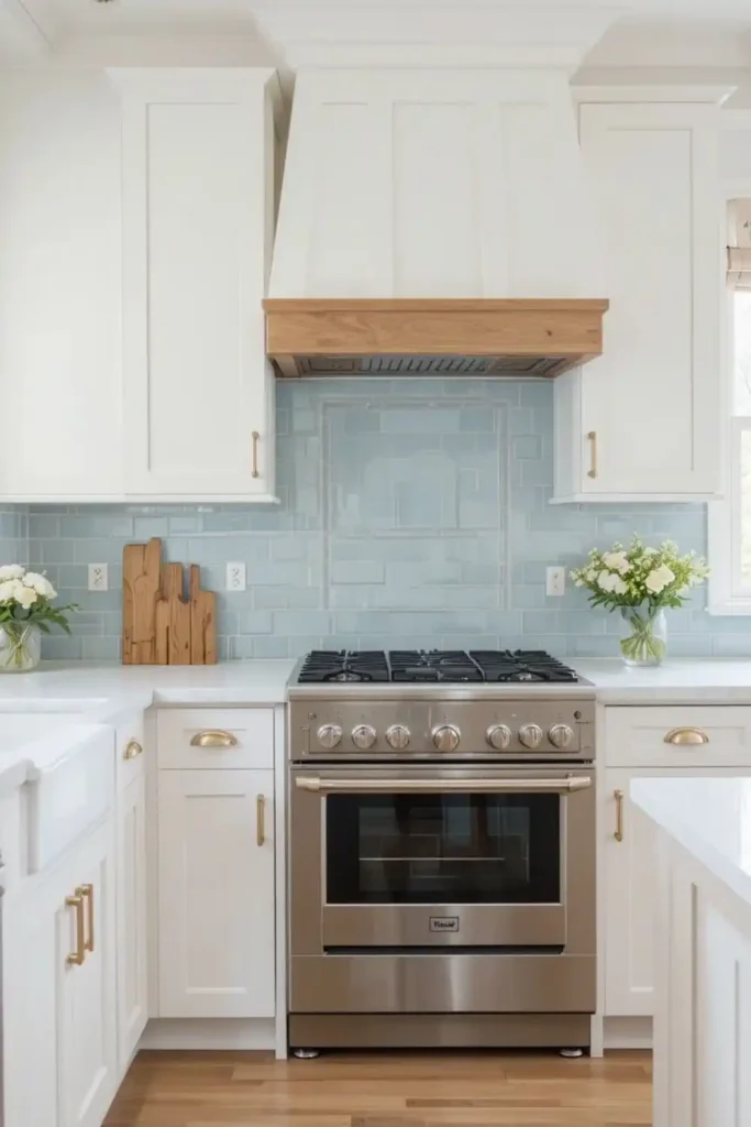 Pastel blue backsplash with white cabinets