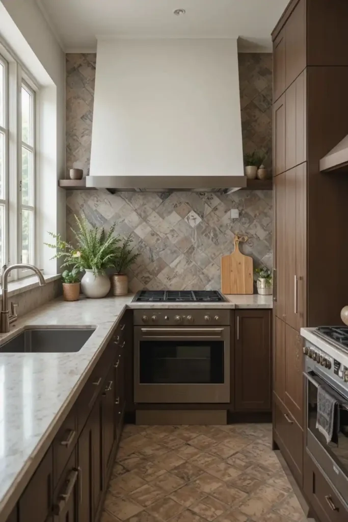 Patterned cement tile backsplash with brown cabinets, stylish kitchen