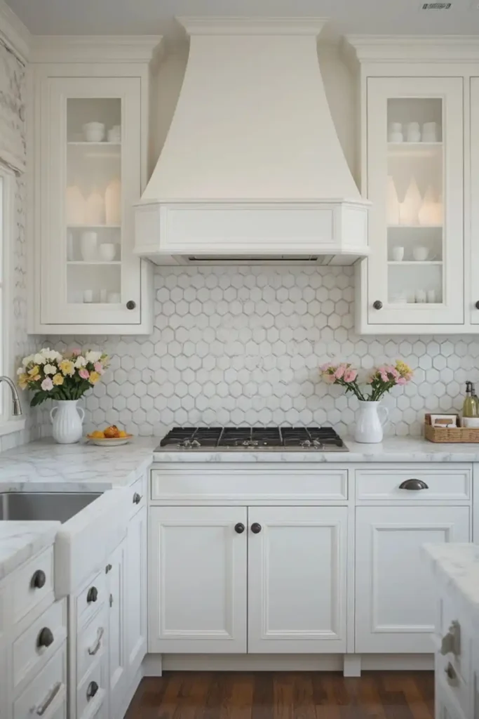 Penny round tile backsplash with white cabinets
