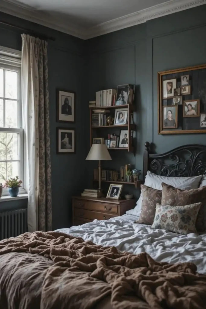Personalized touches in dark bedroom creating authentic space