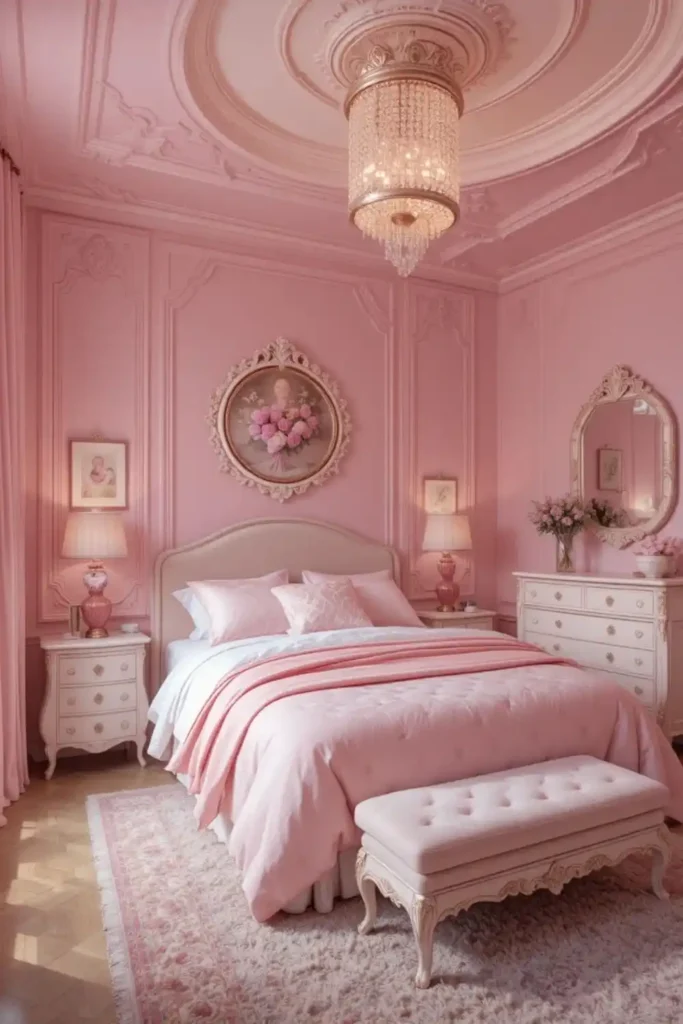 Pink ombre walls creating depth and warmth in bedroom