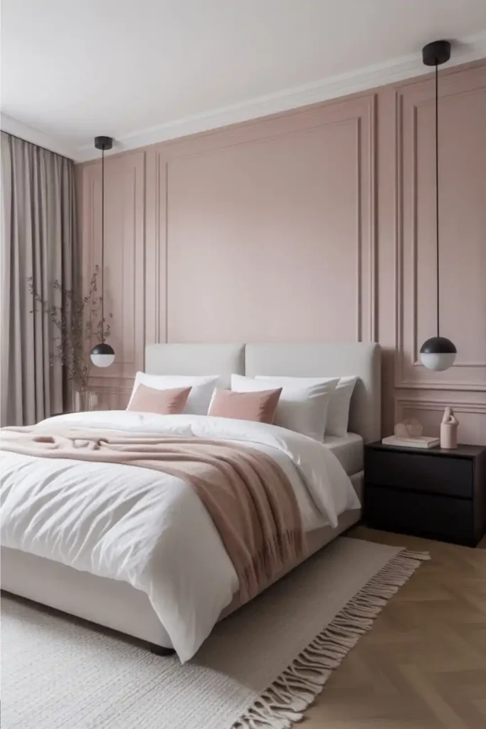 Pink walls with black trim bedroom