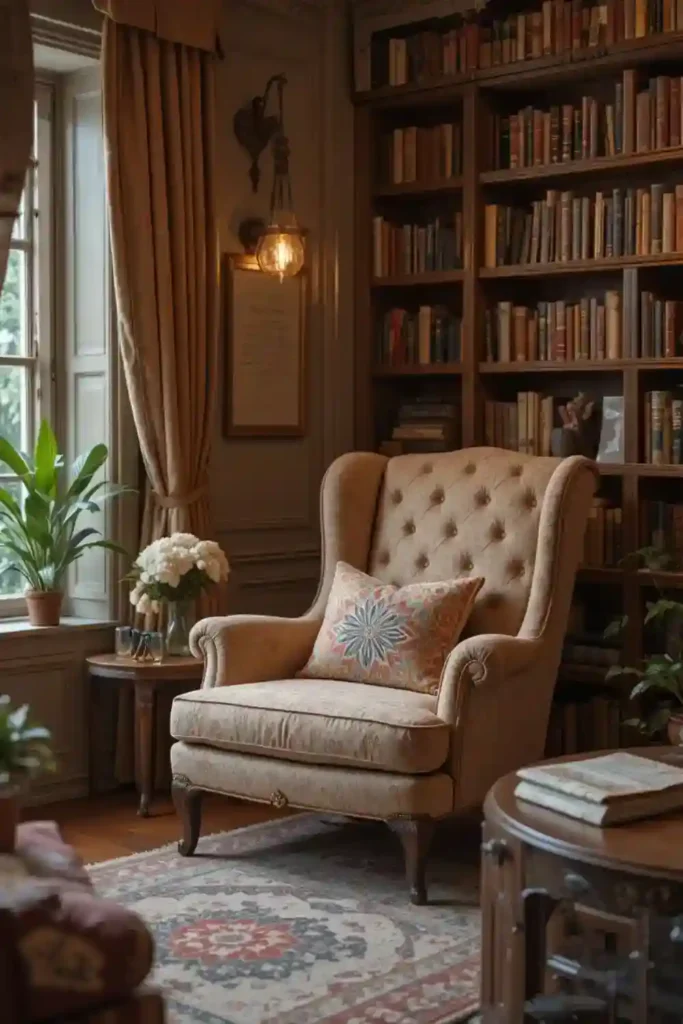 Plush armchair in a cozy reading room with warm lighting