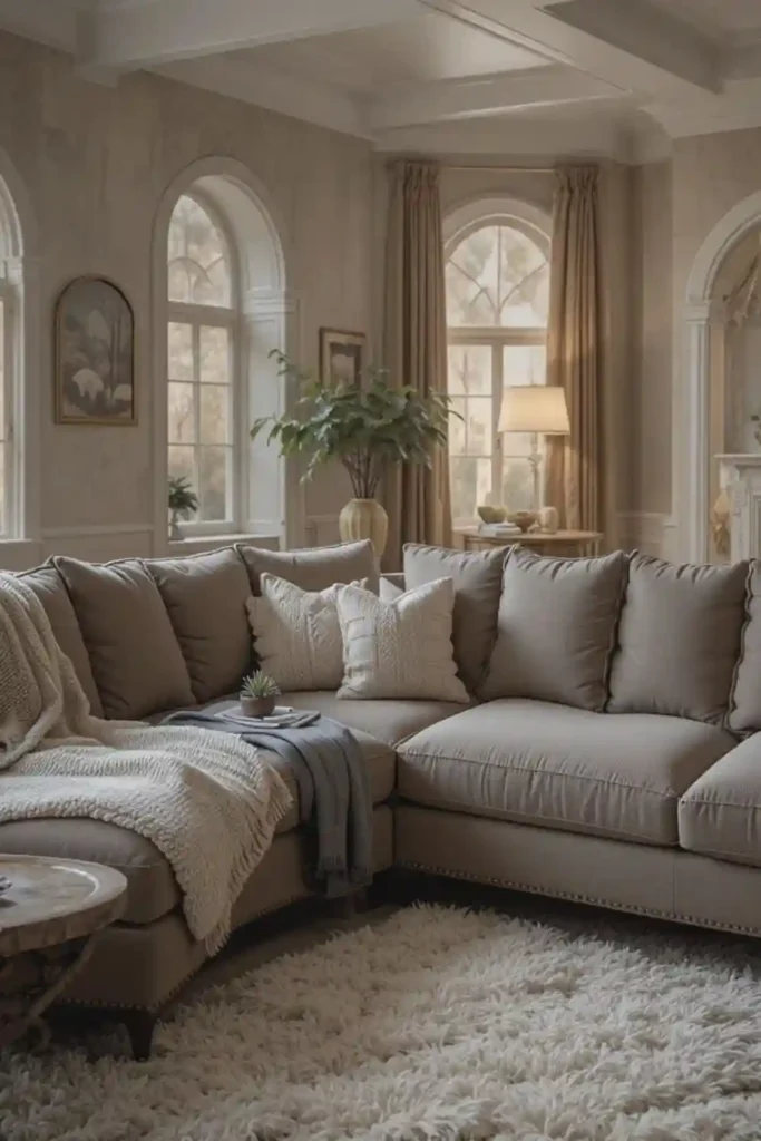 Plush sectional sofa with layered cushions in living room.