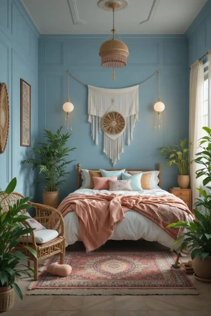 Powder blue boho bedroom with layered textures
