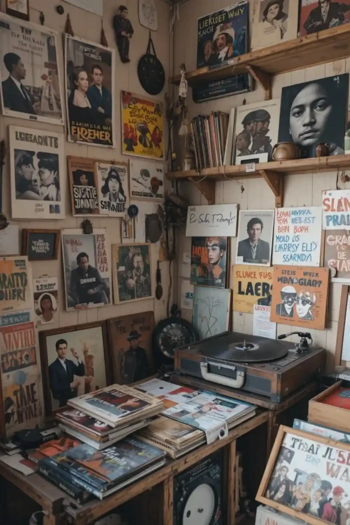 Record player and vinyl display in an indie-style room