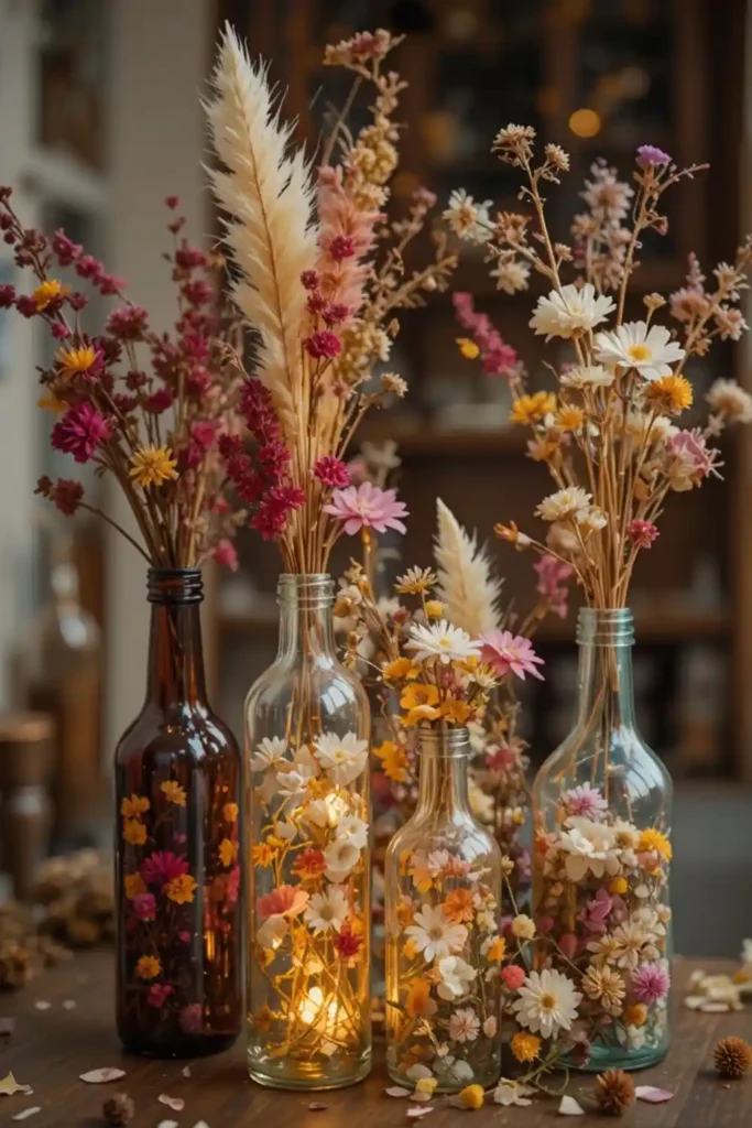 Repurposed glass bottles used as boho decor
