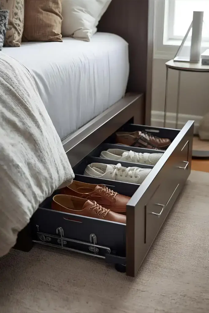 Rolling under-bed shoe storage bin filled with organized shoes.
