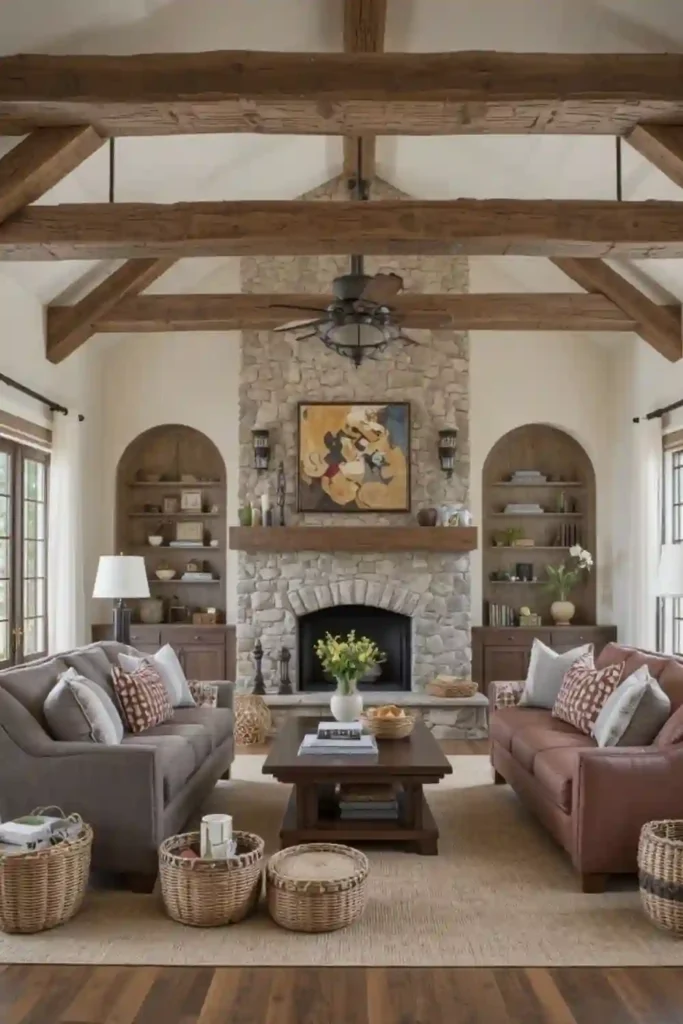 Rustic living room with natural textures.