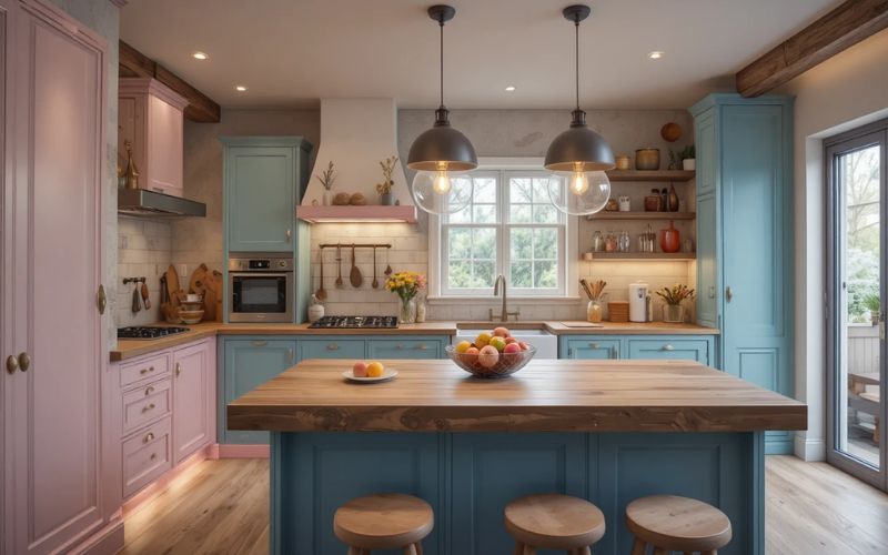 Rustic-modern farmhouse kitchen with pastel accents and soft lighting.