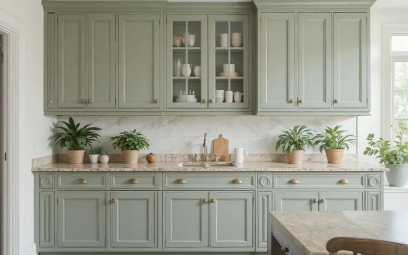 Sage green farmhouse kitchen with brass accents and natural decor.