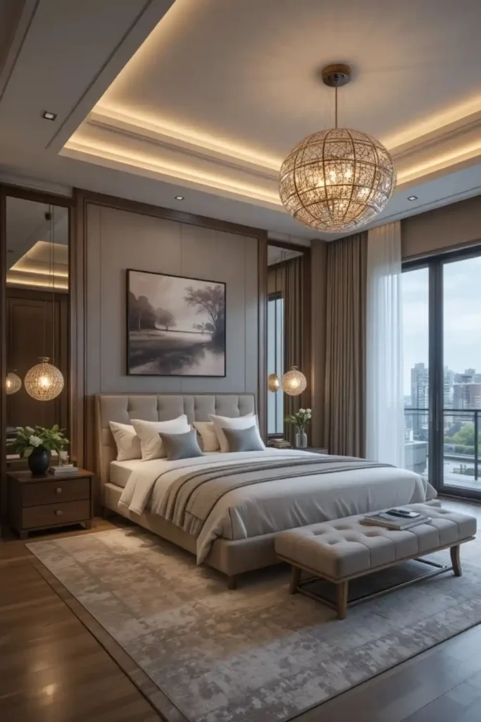 Sculptural lighting adding artistic detail to bedroom