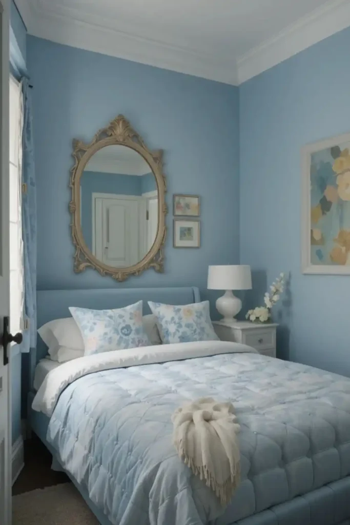 Small blue bedroom designed to feel spacious