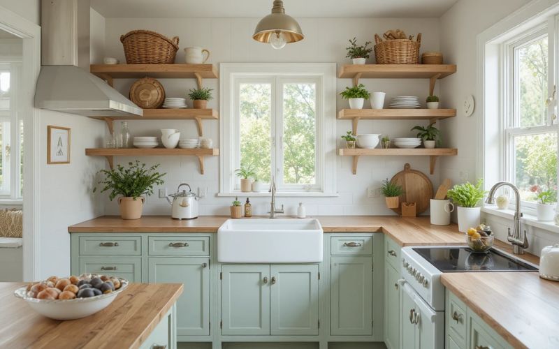 Small farmhouse kitchen with floating shelves and soft green tones.