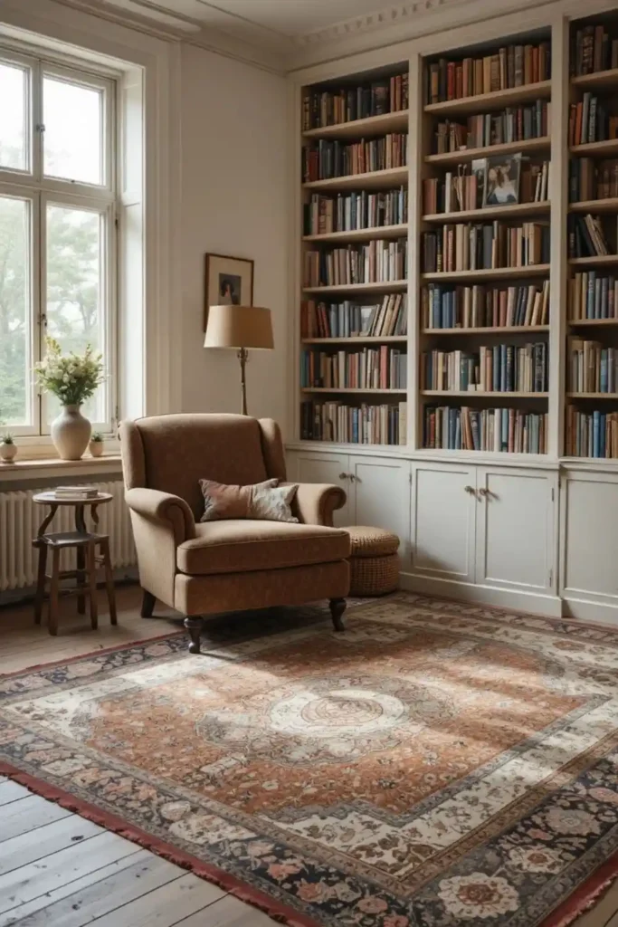 Soft area rugs enhancing a cozy reading room