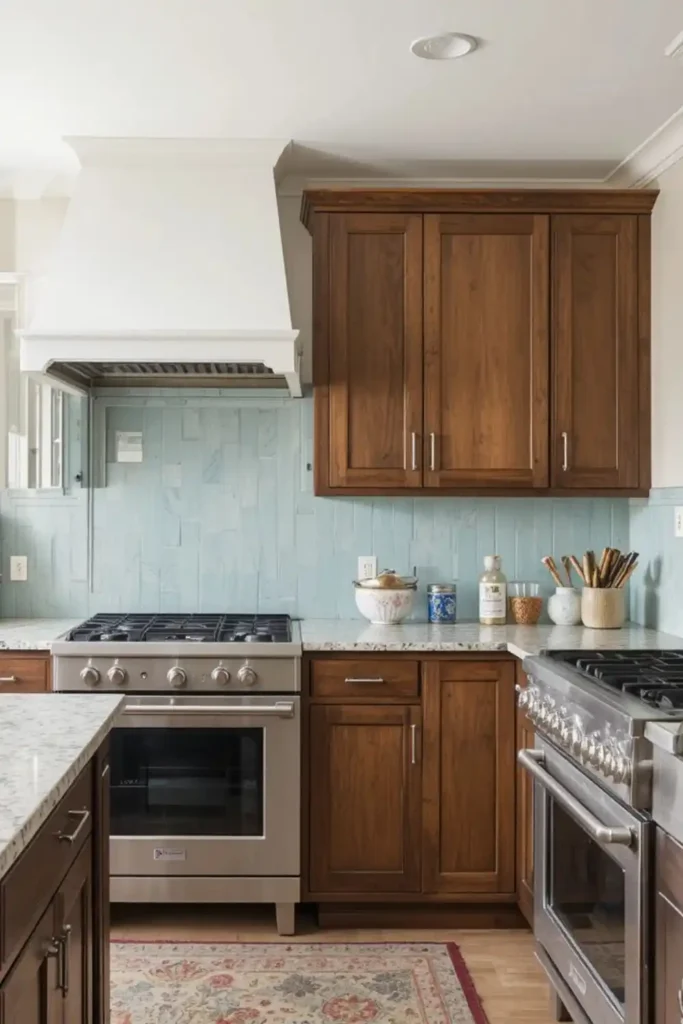 Soft blue bead board backsplash with brown cabinets, cozy kitchen.