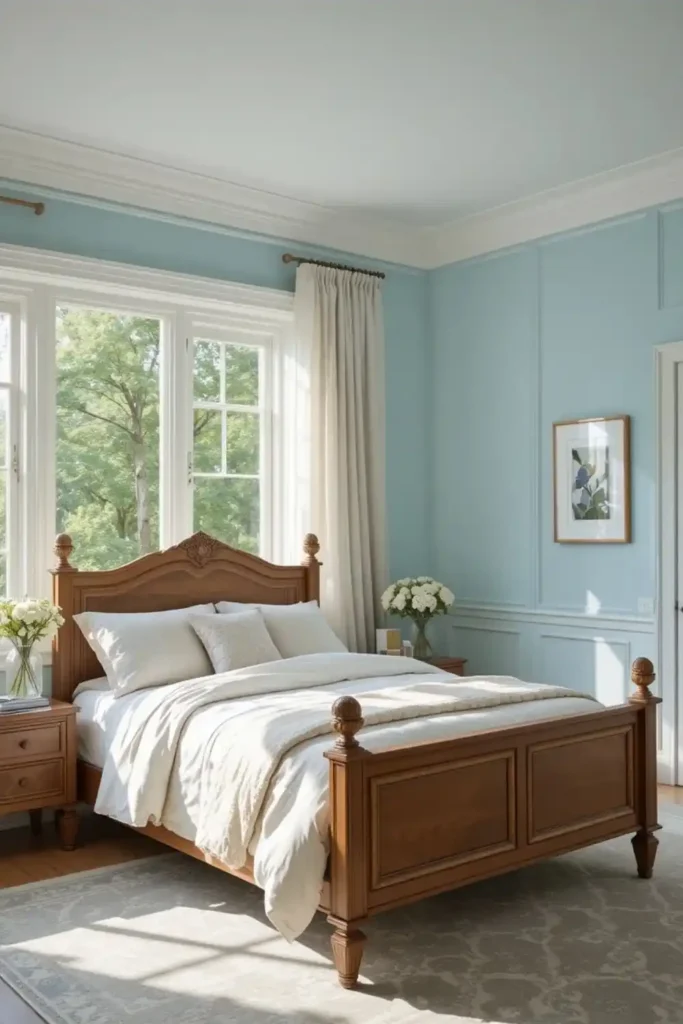 Soft blue bedroom walls with warm lighting and white trim