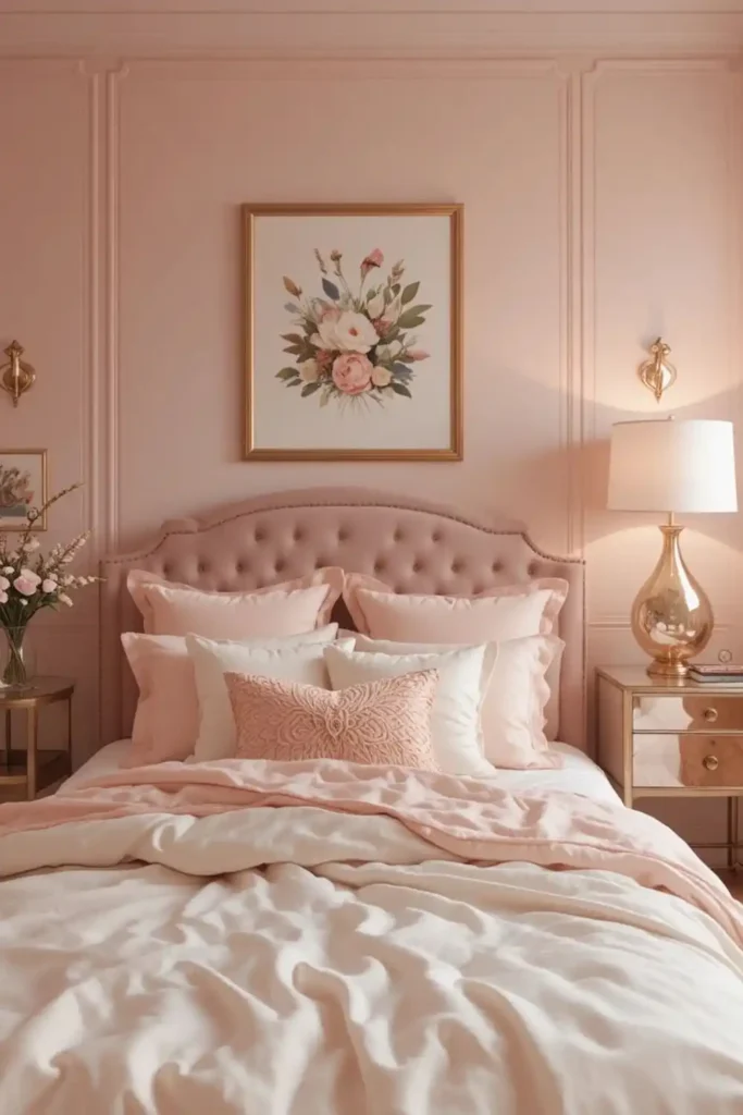 Soft blush pink bedroom with neutral bedding and metallic decor