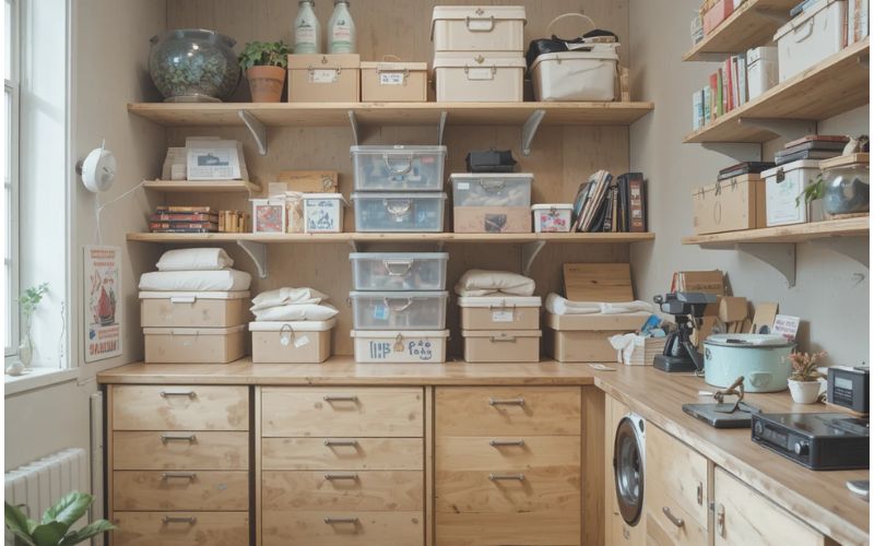 Stackable boxes and drawers neatly organized in a small apartment.