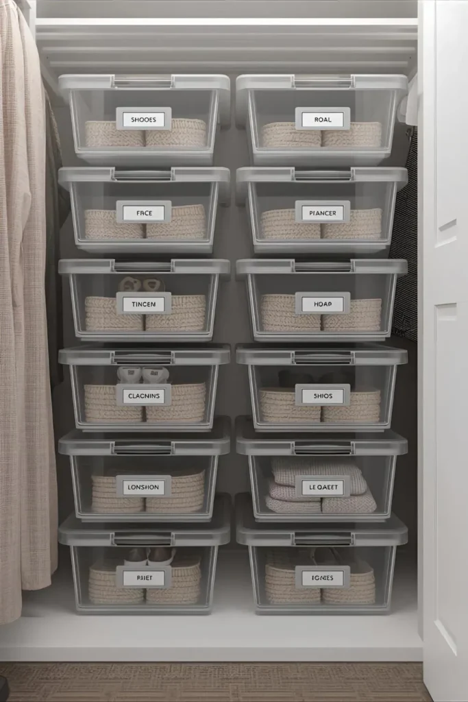 Stacked clear shoe bins holding organized footwear in a small closet.