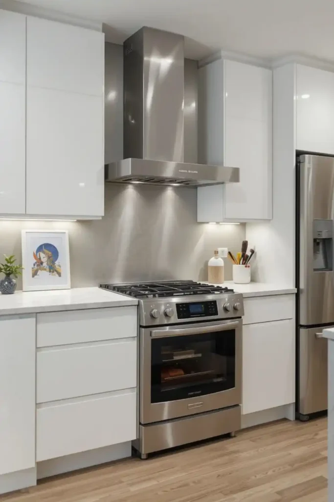 Stainless steel backsplash with white cabinets