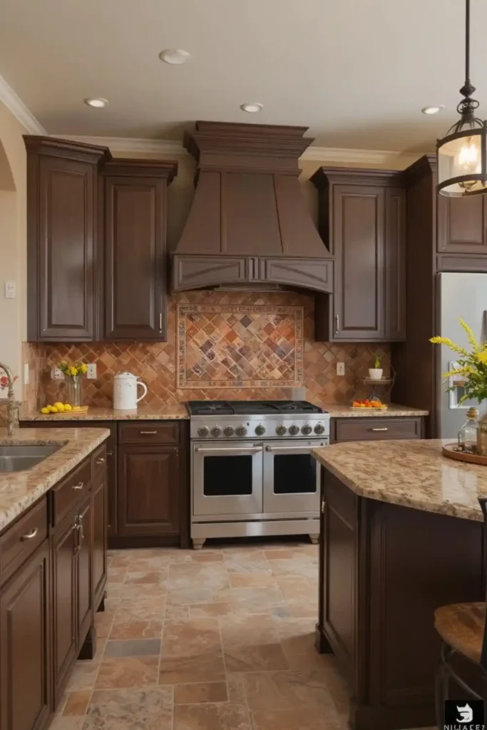 Terracotta tile backsplash with brown cabinets, rustic kitchen look