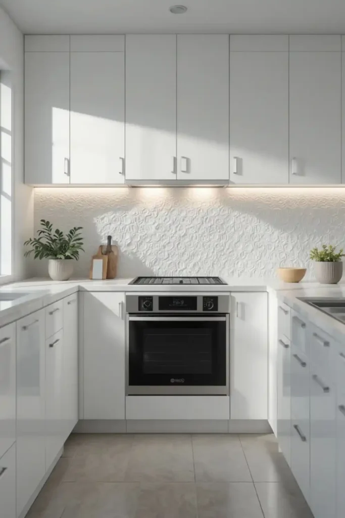 Textured 3D white backsplash with white cabinets