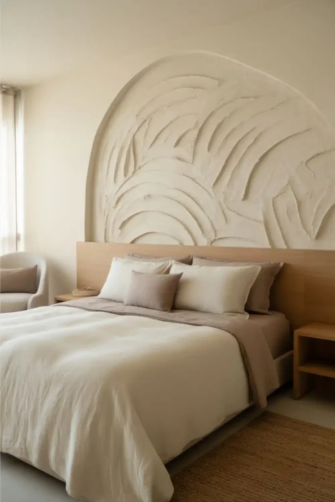 Textured accent wall adding depth to master bedroom