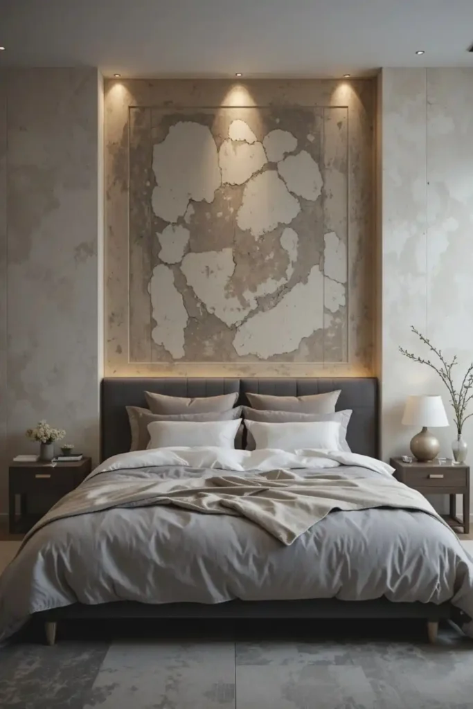 Textured accent wall adding dimension in moody bedroom