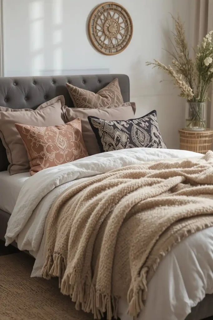 Textured bedding and materials adding warmth to dark bedroom