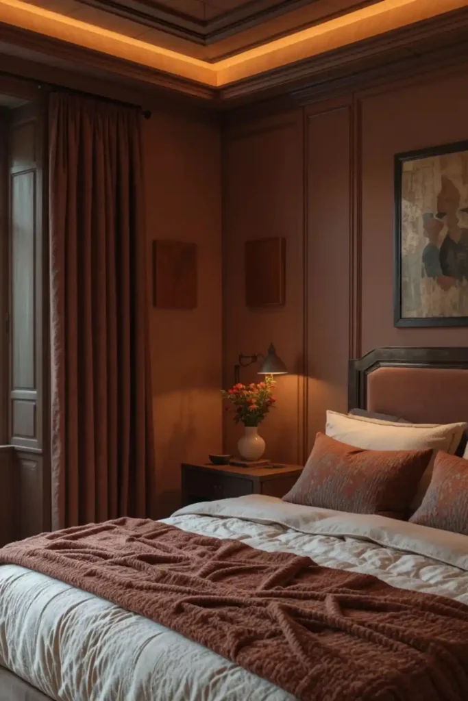 Timeless moody bedroom with depth, warmth, and comfort