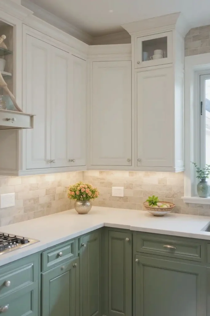 Two tone green and white kitchen cabinets
