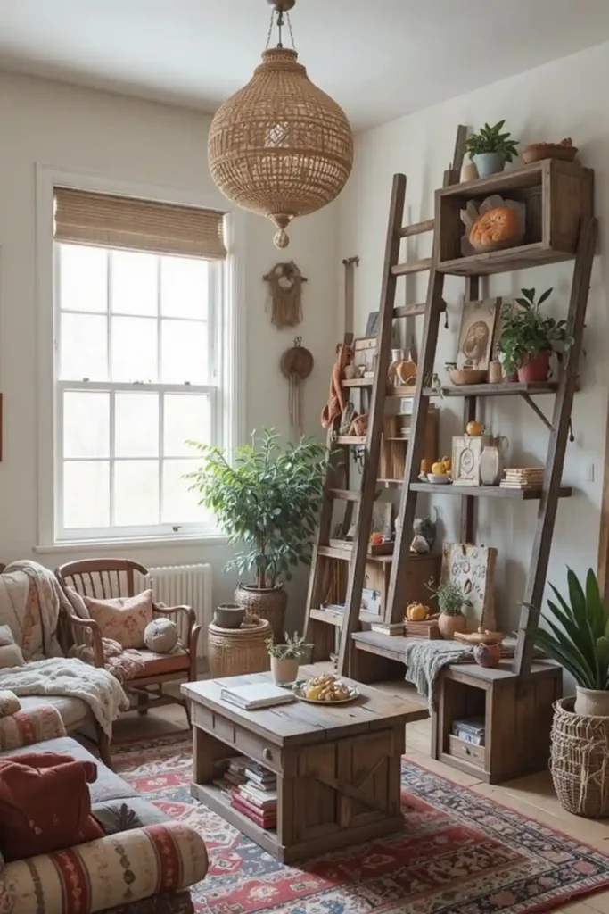 Upcycled furniture used in boho room design